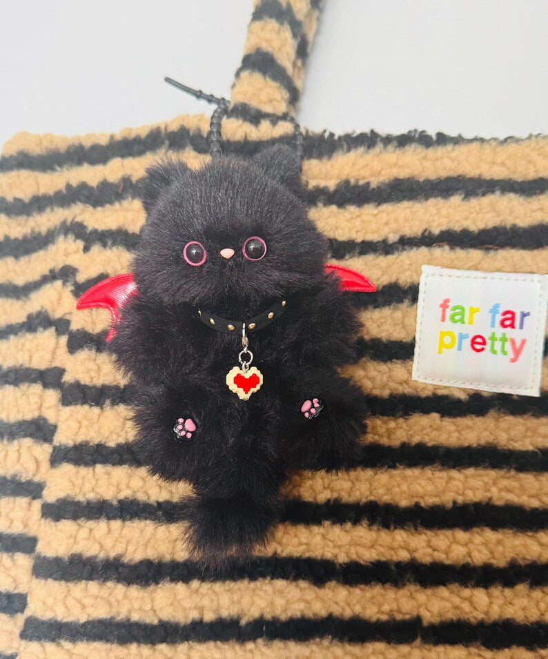 Handmade Devil Kitty Charm: Black Cat with Red Wings