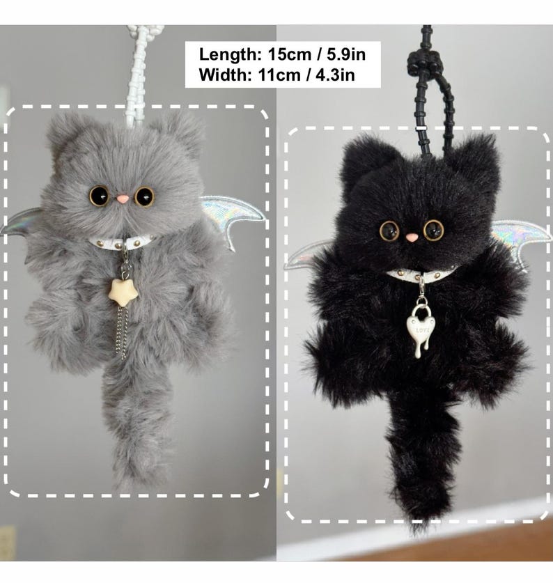 Mystic Winged Cat Charm: Handmade Furry Keychain, Bag Accessory