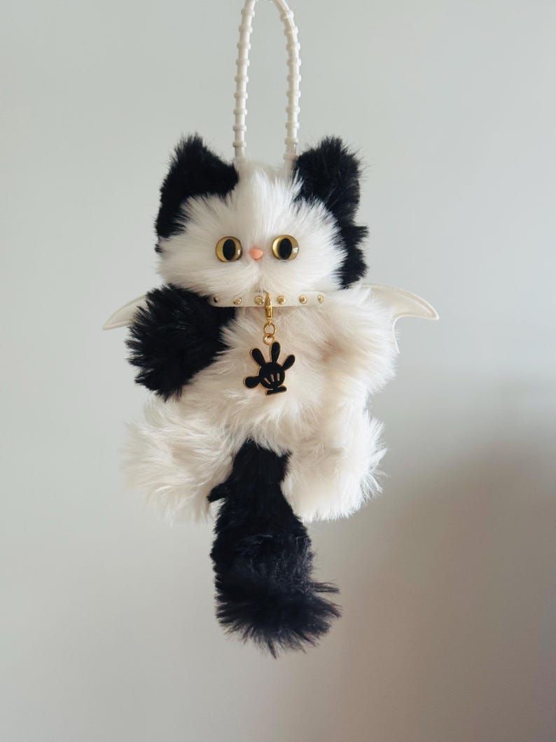 Eclipse Winged Cat Charm: Handmade Fuzzy Bag Charm