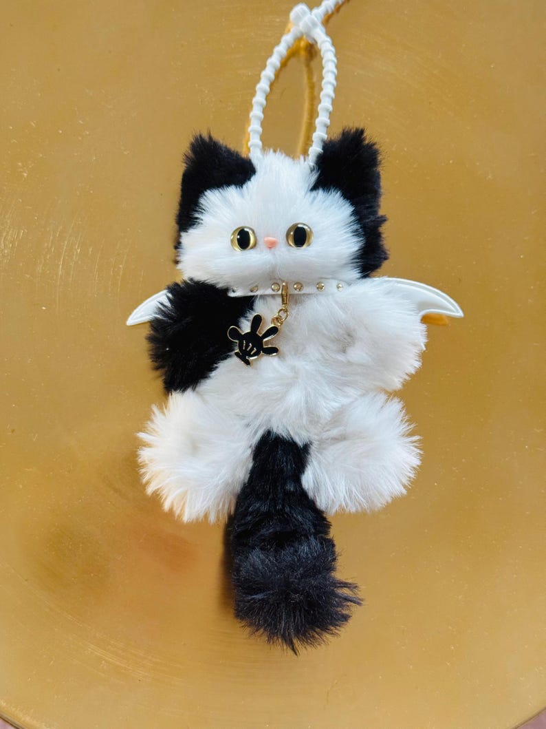 Eclipse Winged Cat Charm: Handmade Fuzzy Bag Charm