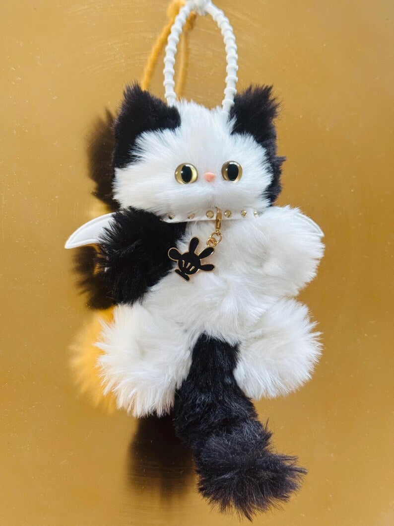 Eclipse Winged Cat Charm: Handmade Fuzzy Bag Charm