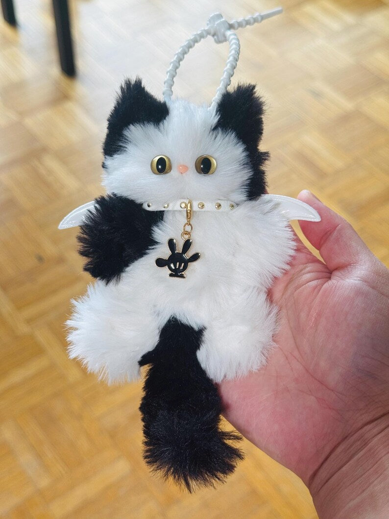Eclipse Winged Cat Charm: Handmade Fuzzy Bag Charm
