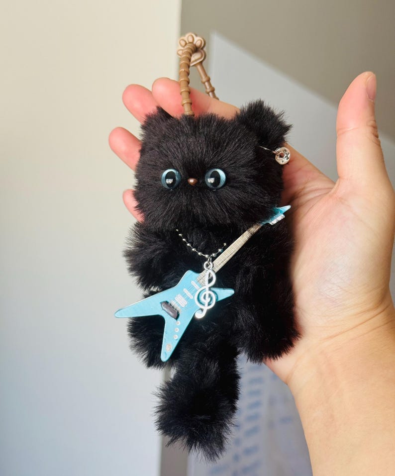 Glam Rock Cat Charm: Handmade Fuzzy Cat with Guitar