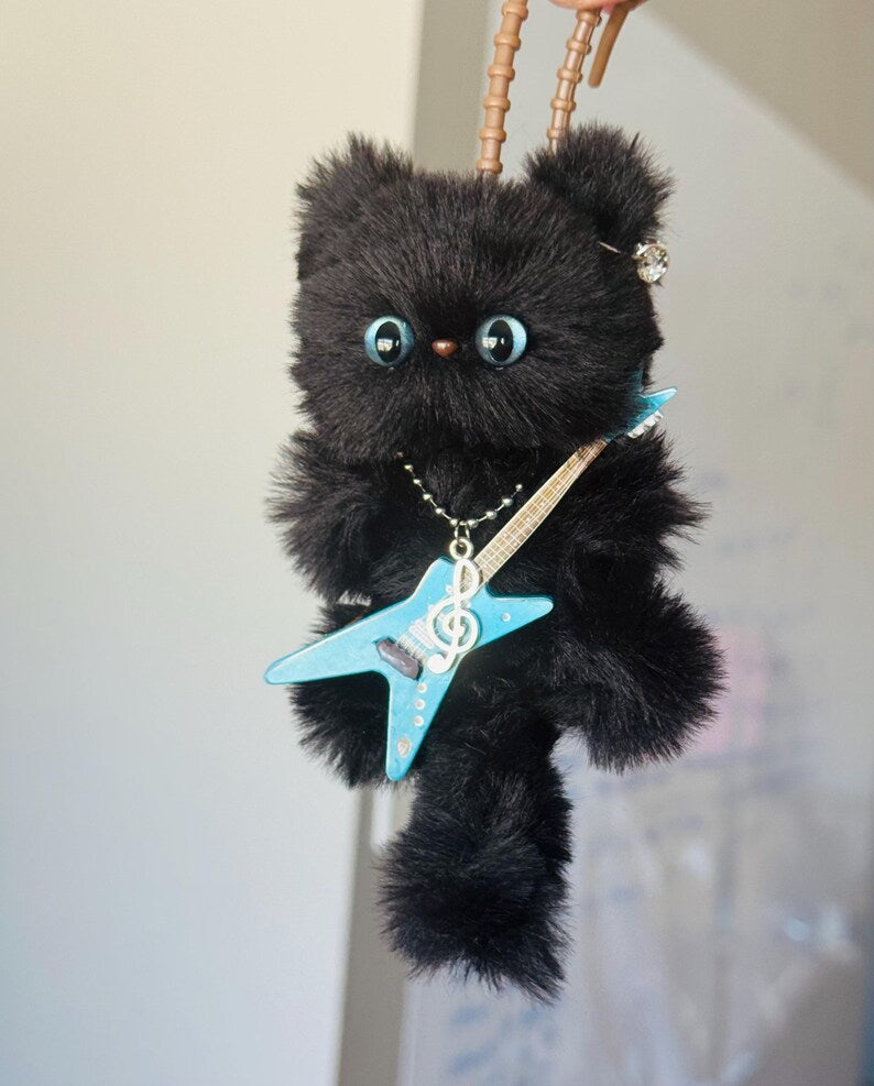 Glam Rock Cat Charm: Handmade Fuzzy Cat with Guitar