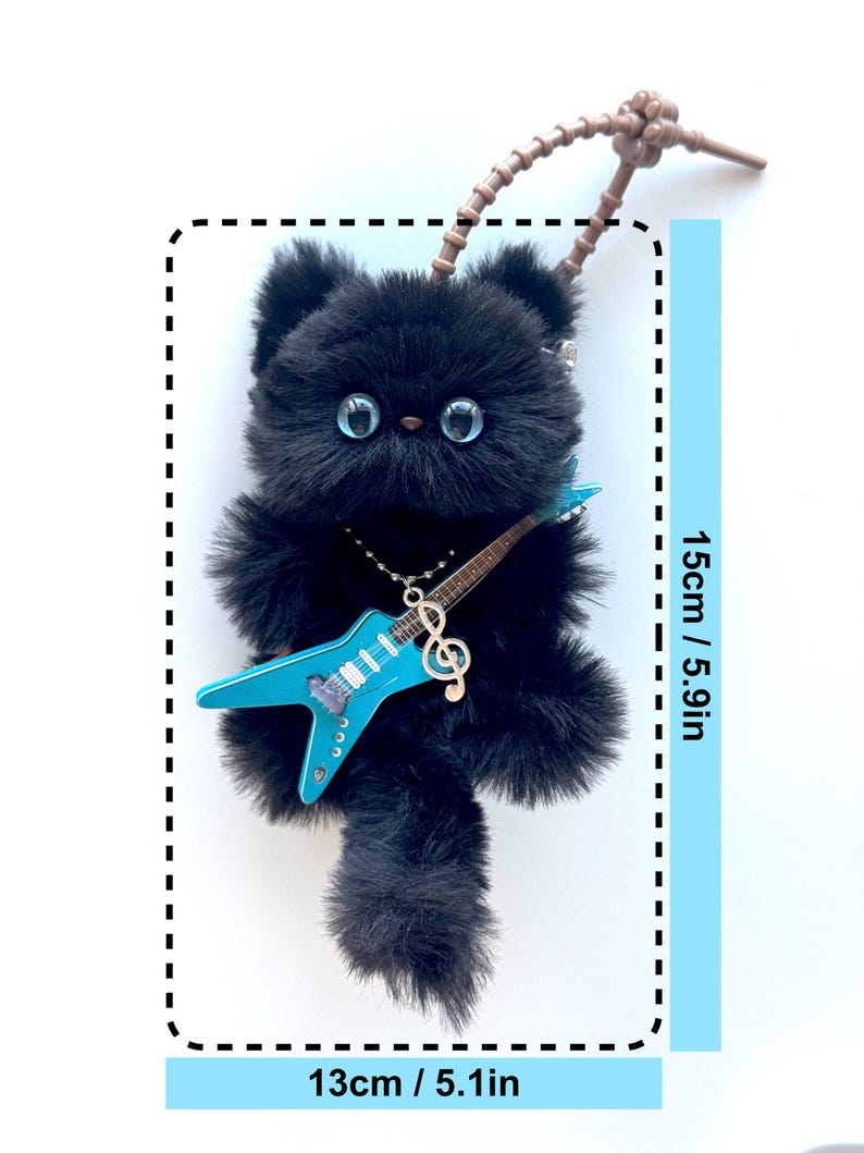 Glam Rock Cat Charm: Handmade Fuzzy Cat with Guitar