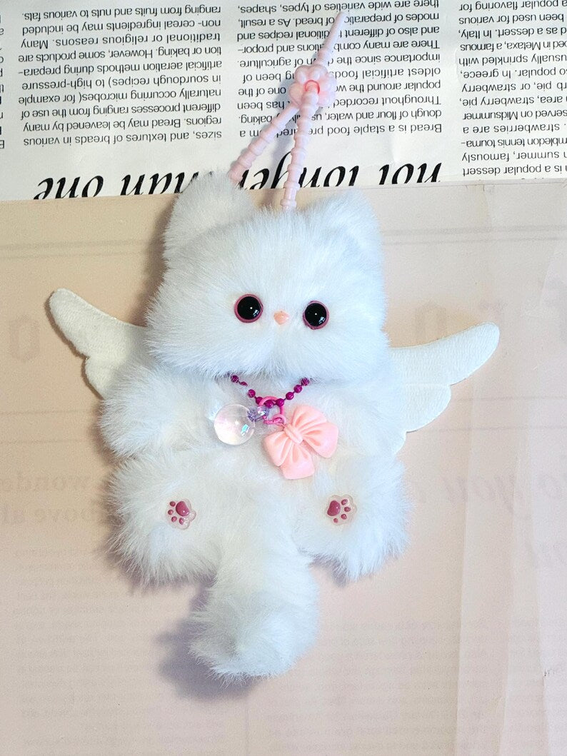 White Angel Wing Cat: Handmade Plush Keychain