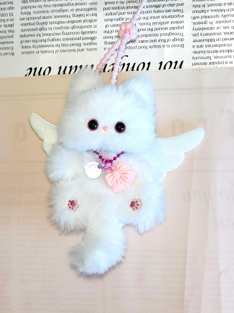 White Angel Wing Cat: Handmade Plush Keychain