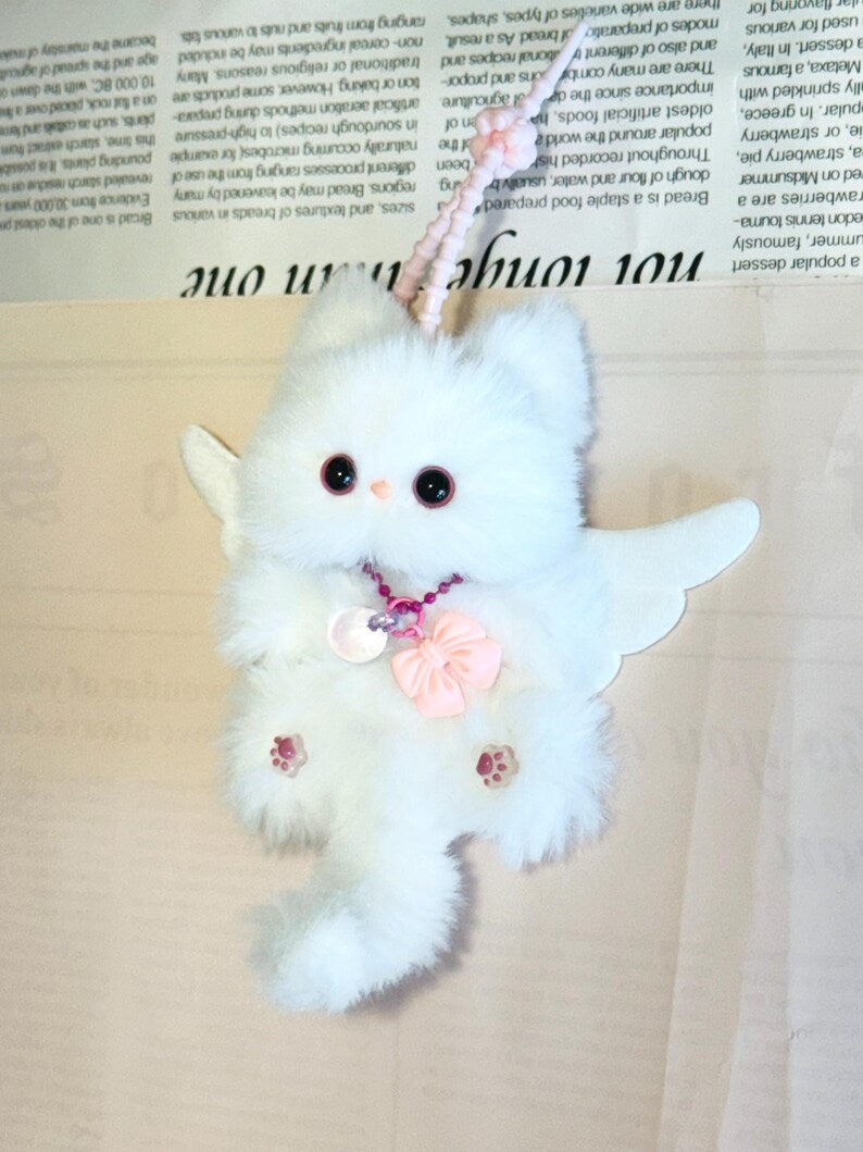 White Angel Wing Cat: Handmade Plush Keychain