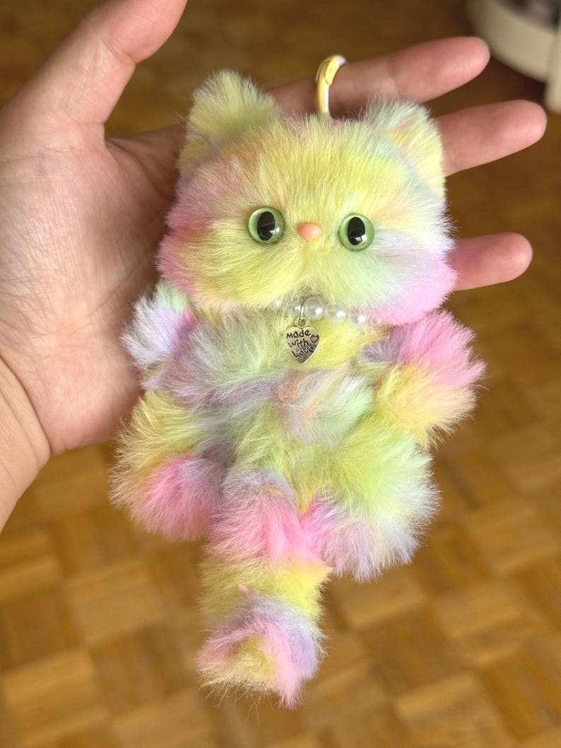 Furry Rainbow Cat Keychain: Handmade Lucky Charm