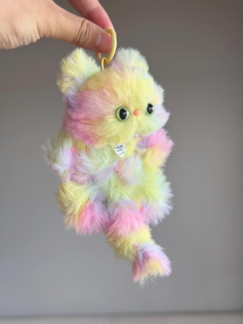 Furry Rainbow Cat Keychain: Handmade Lucky Charm