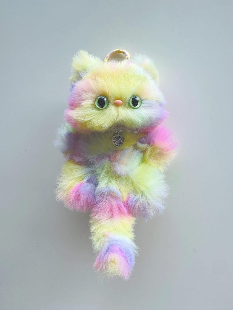 Furry Rainbow Cat Keychain: Handmade Lucky Charm