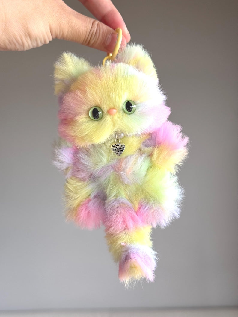 Furry Rainbow Cat Keychain: Handmade Lucky Charm