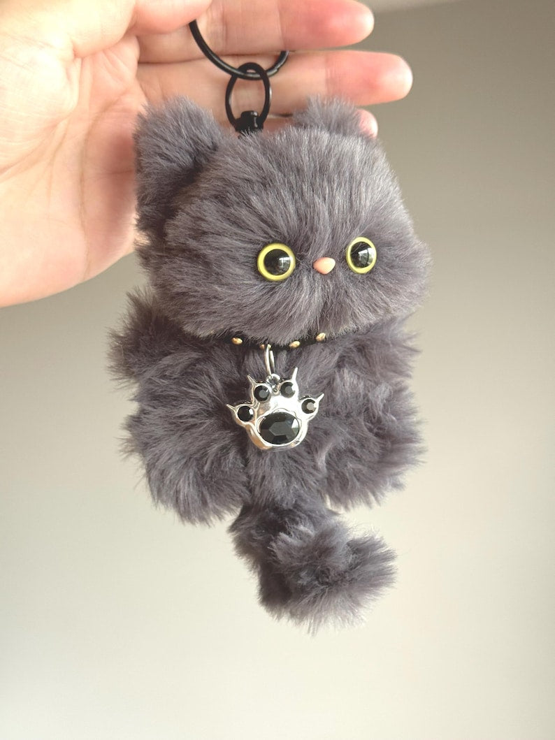 Handmade Furry Gray Cat Keychain: Plush Smoky Charm Kitty