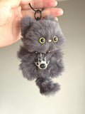 Handmade Furry Gray Cat Keychain: Plush Smoky Charm Kitty