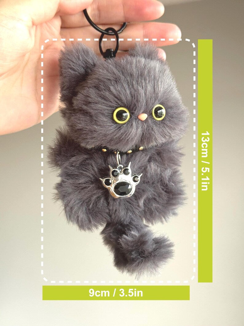 Handmade Furry Gray Cat Keychain: Plush Smoky Charm Kitty