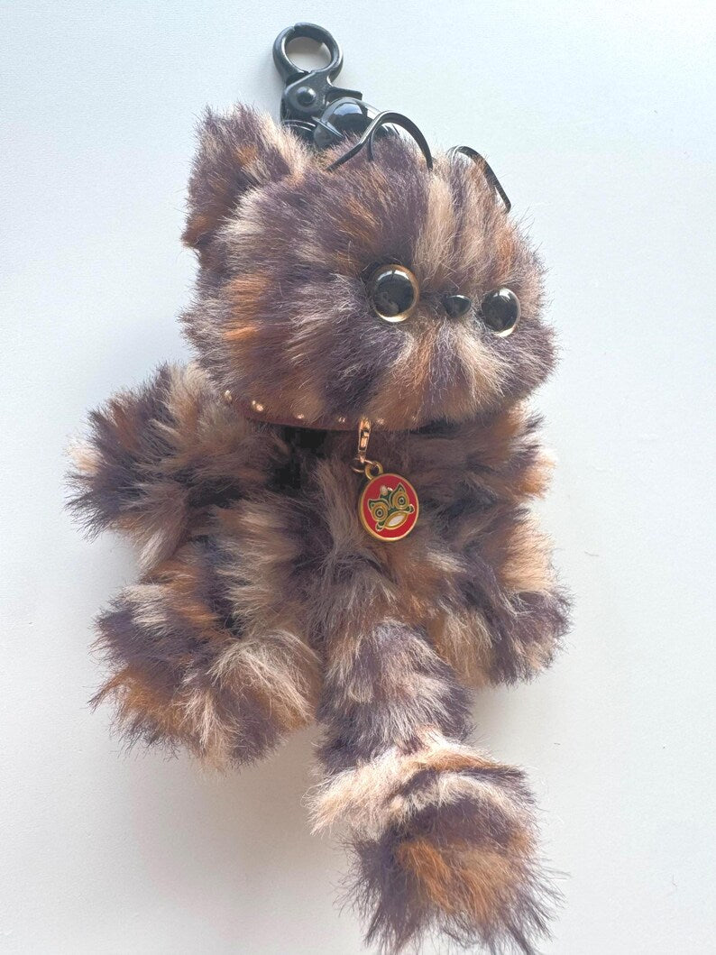 Leopard Print Cat Keychain: Handmade Fuzzy Bag Charm