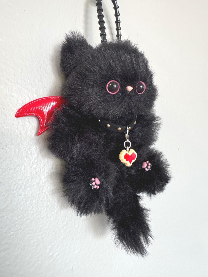 Handmade Devil Kitty Charm: Black Cat with Red Wings