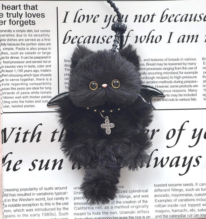 Handmade black cat charm with bat wings