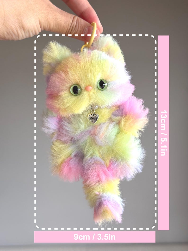 Furry Rainbow Cat Keychain: Handmade Lucky Charm