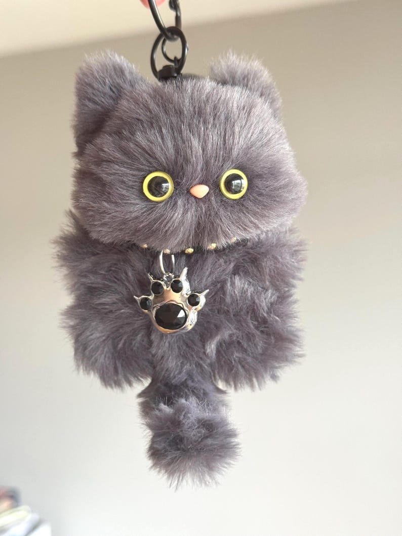 Handmade Furry Gray Cat Keychain: Plush Smoky Charm Kitty