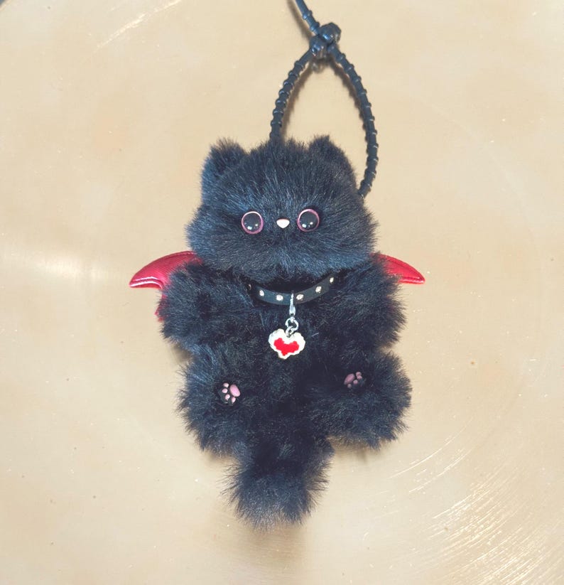 Handmade Devil Kitty Charm: Black Cat with Red Wings