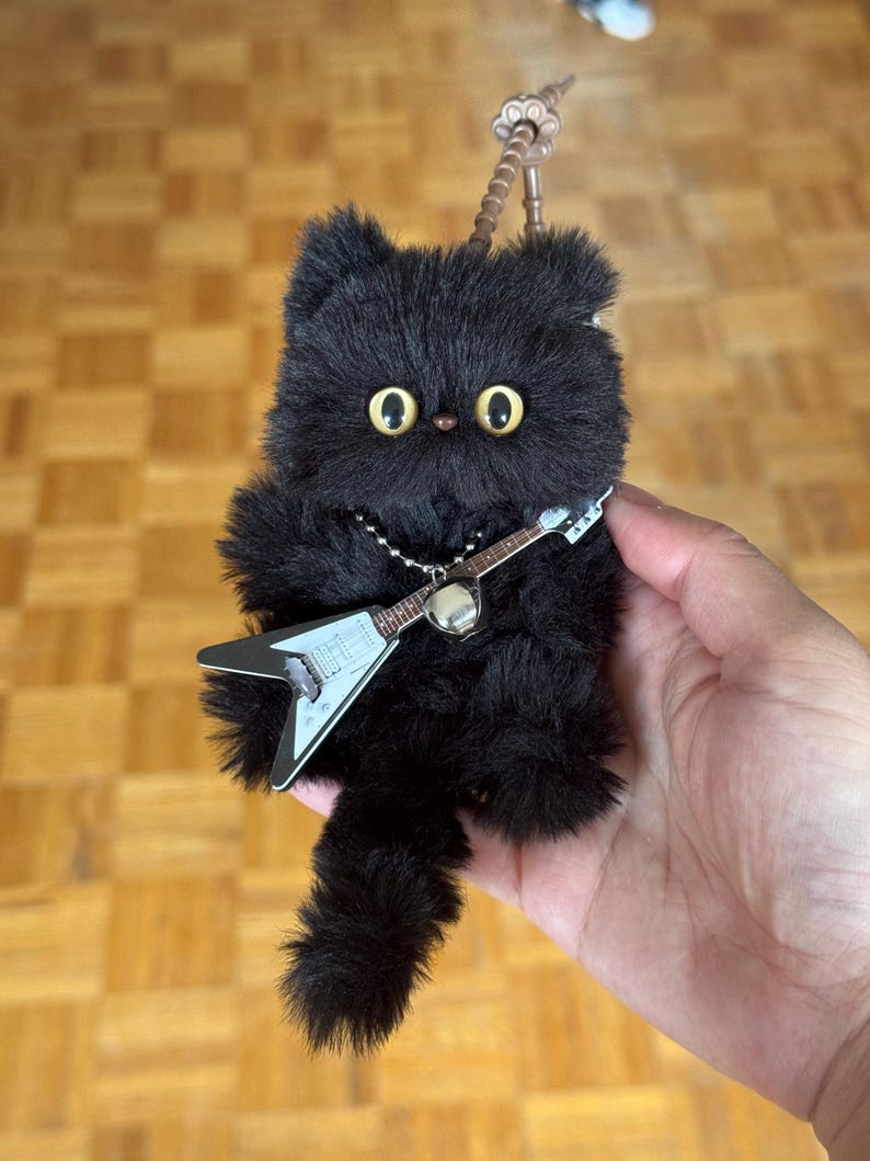 Glam Rock Cat Charm: Handmade Fuzzy Cat with Guitar