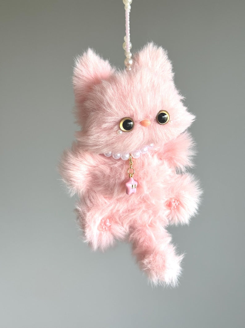 Pink Star Kitty Keychain: Handmade Fuzzy Car Charm, Bag Charm