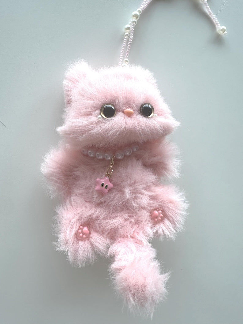 Pink Star Kitty Keychain: Handmade Fuzzy Car Charm, Bag Charm