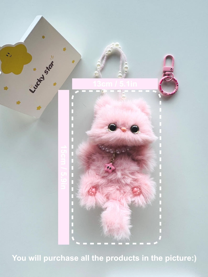 Pink Star Kitty Keychain: Handmade Fuzzy Car Charm, Bag Charm