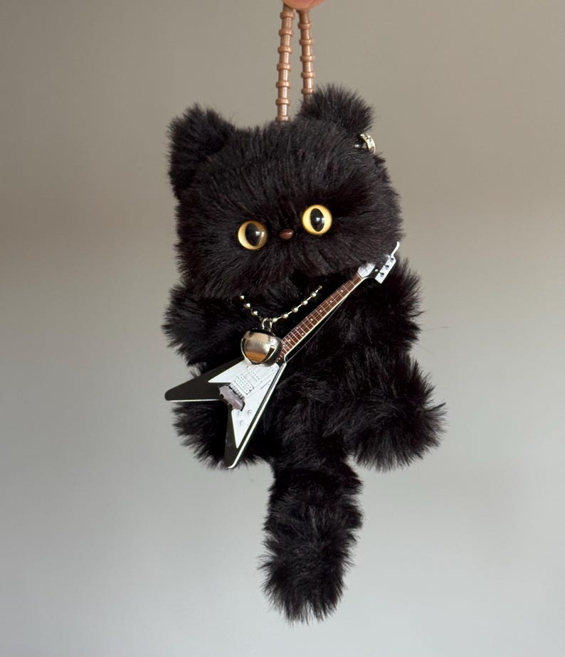 Glam Rock Cat Charm: Handmade Fuzzy Cat with Guitar