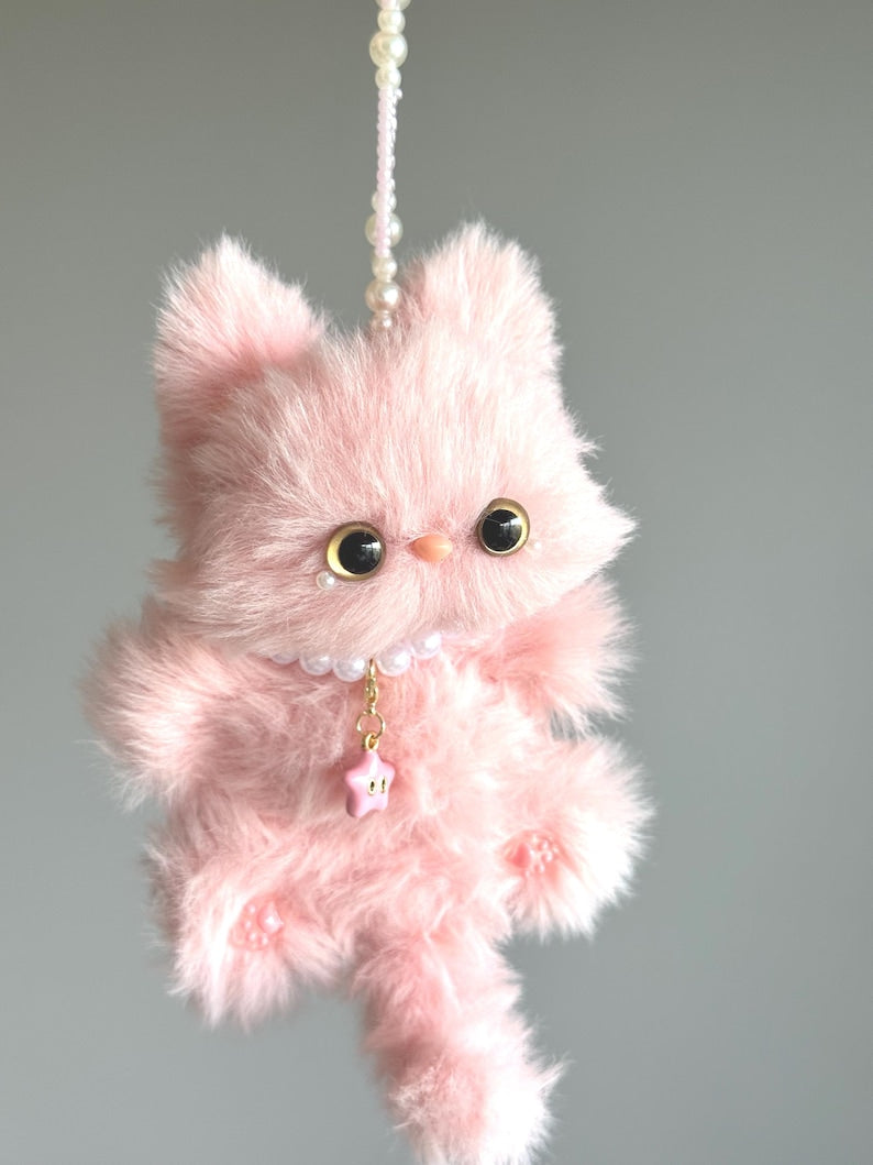 Pink Star Kitty Keychain: Handmade Fuzzy Car Charm, Bag Charm