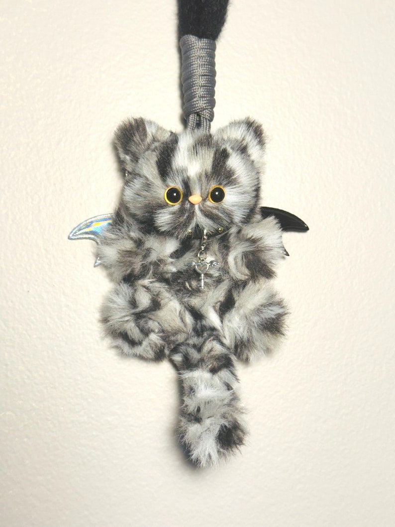Devil Kitty Charm: Handmade Cat with Dual-Tone Bat Wings