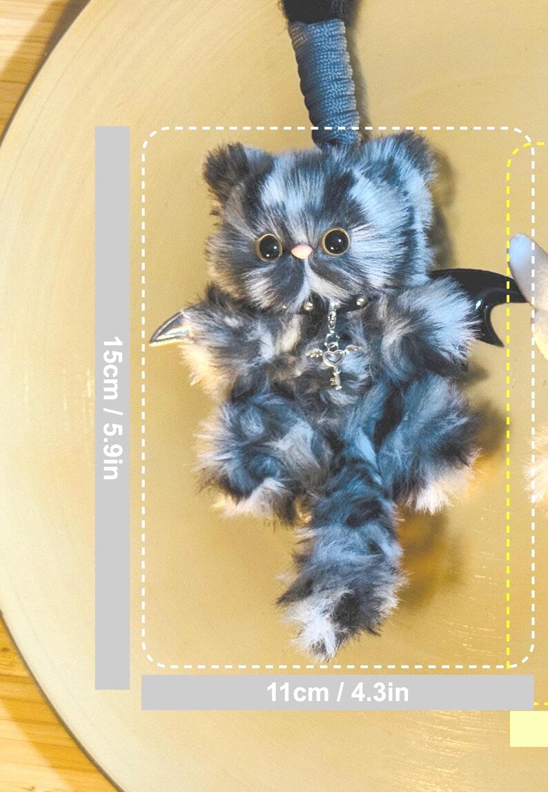 Devil Kitty Charm: Handmade Cat with Dual-Tone Bat Wings