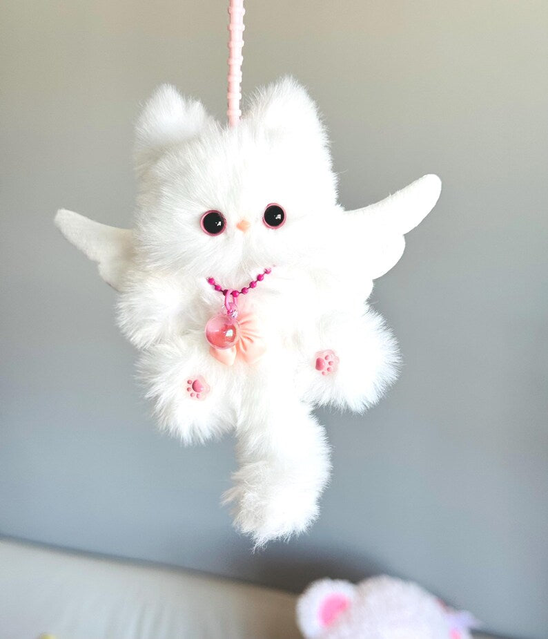 White Angel Wing Cat: Handmade Plush Keychain