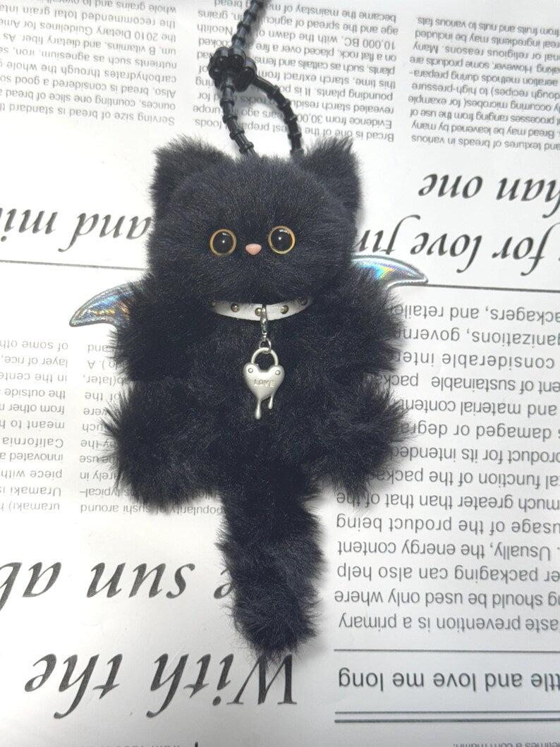 Mystic Winged Cat Charm: Handmade Furry Keychain, Bag Accessory