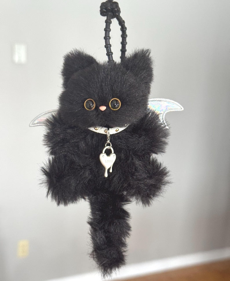 Mystic Winged Cat Charm: Handmade Furry Keychain, Bag Accessory