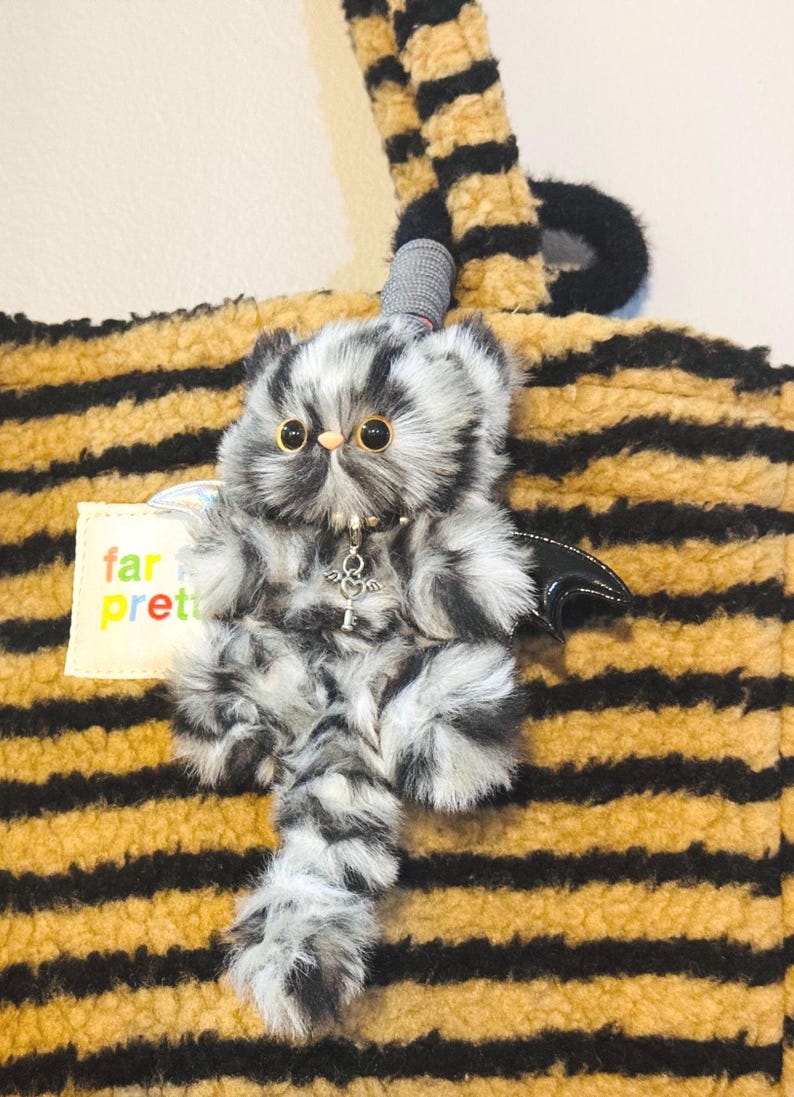 Devil Kitty Charm: Handmade Cat with Dual-Tone Bat Wings