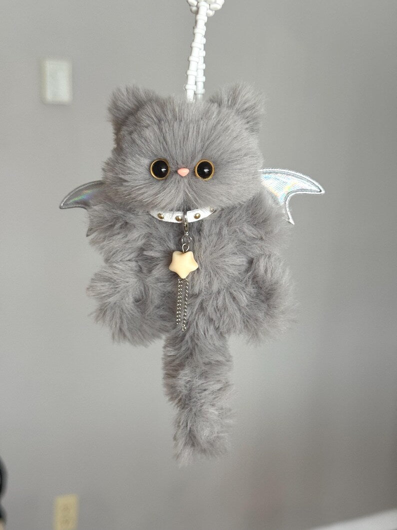 Mystic Winged Cat Charm: Handmade Furry Keychain, Bag Accessory