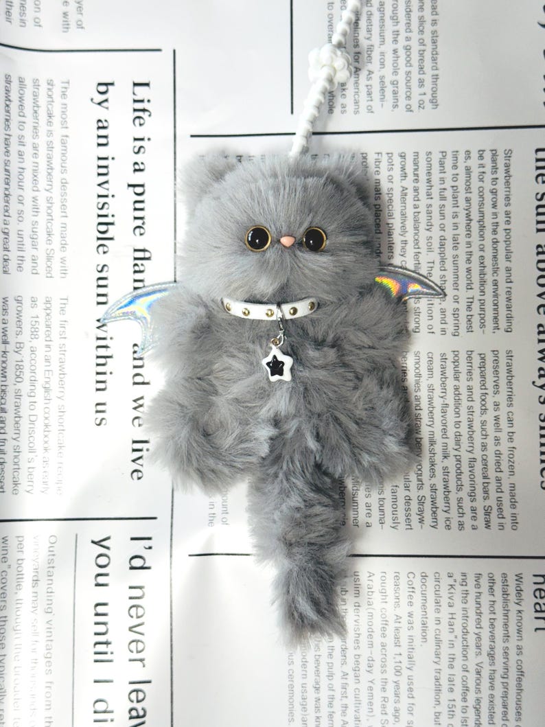Mystic Winged Cat Charm: Handmade Furry Keychain, Bag Accessory