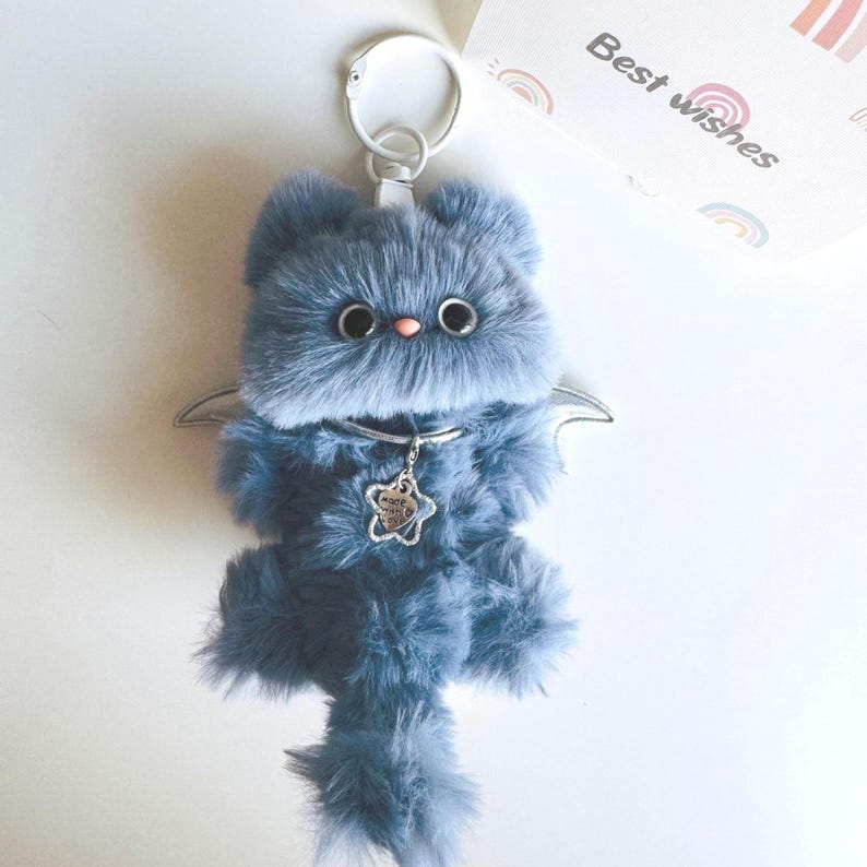 Skyshade Cat Keychain: Handmade Fuzzy Bag Charm
