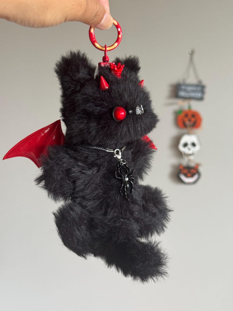 Handmade Halloween Devil Cat Keychain: Fuzzy Furry Charm