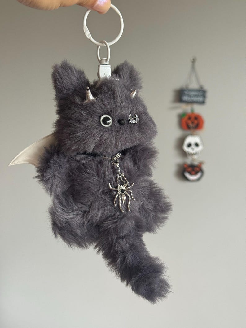 Handmade Halloween Devil Cat Keychain: Fuzzy Furry Charm