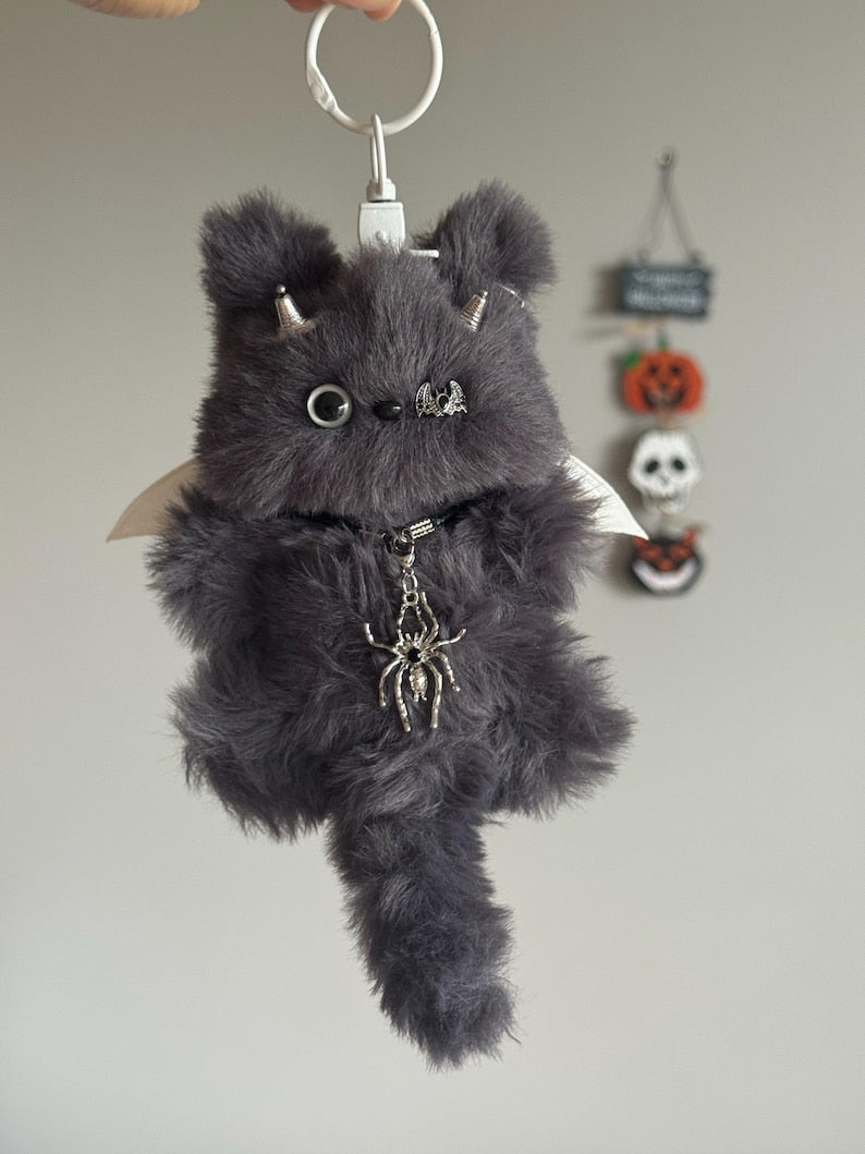 Handmade Halloween Devil Cat Keychain: Fuzzy Furry Charm