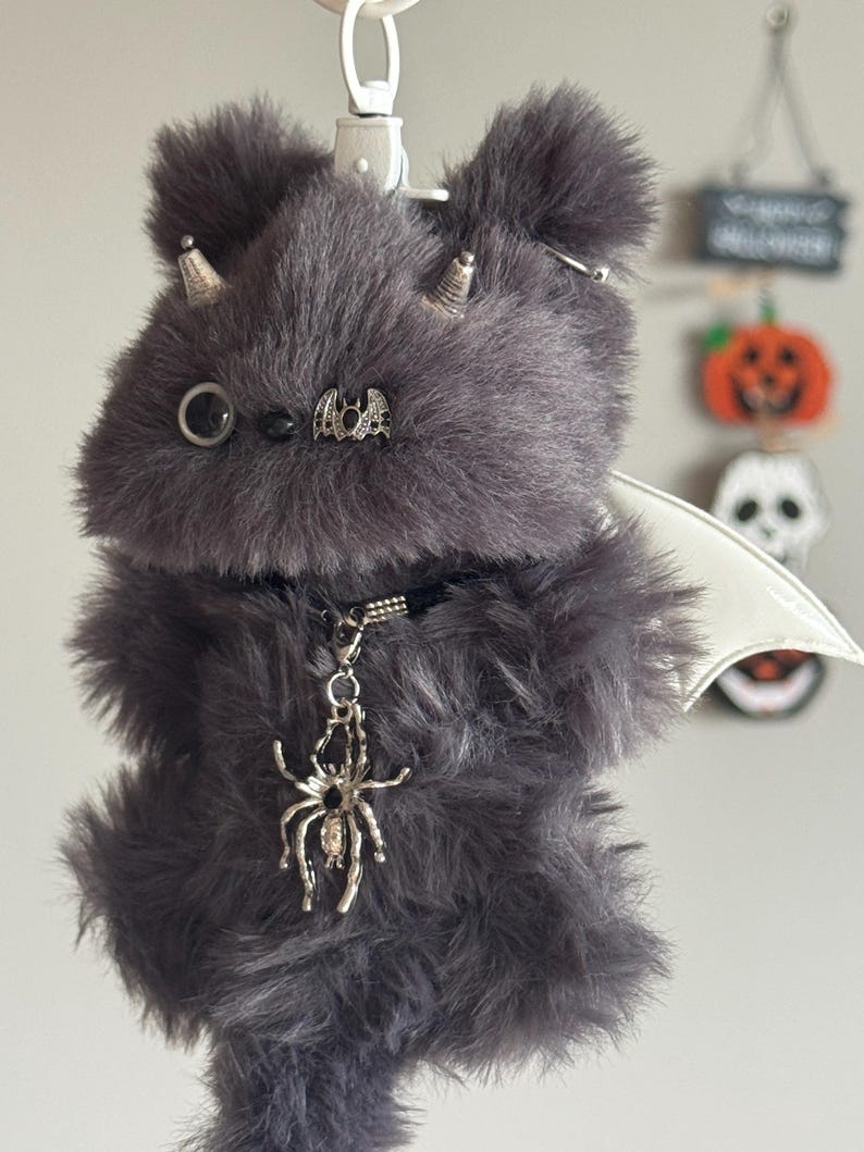 Handmade Halloween Devil Cat Keychain: Fuzzy Furry Charm