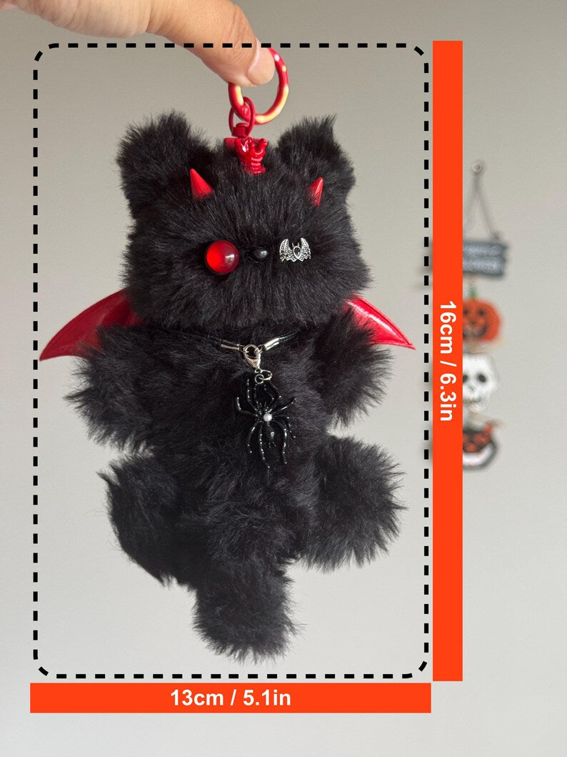 Handmade Halloween Devil Cat Keychain: Fuzzy Furry Charm