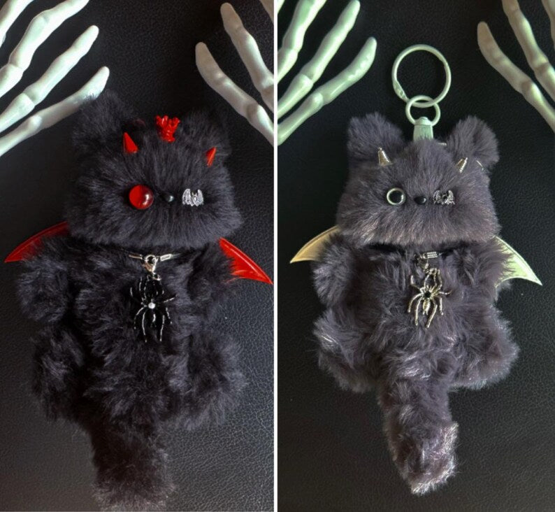 Handmade Halloween Devil Cat Keychain: Fuzzy Furry Charm