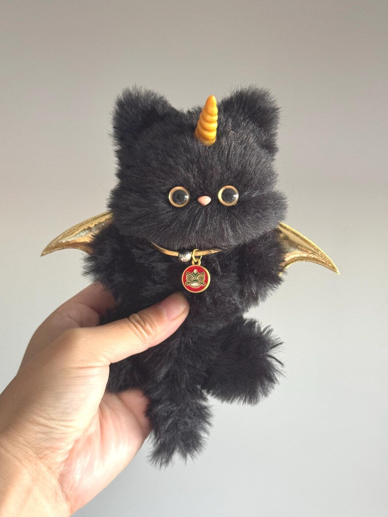 Gothic Cat Charm: Golden Unicorn & Emerald Devil