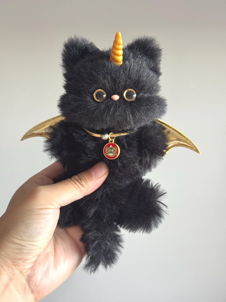 Gothic Cat Charm: Golden Unicorn & Emerald Devil