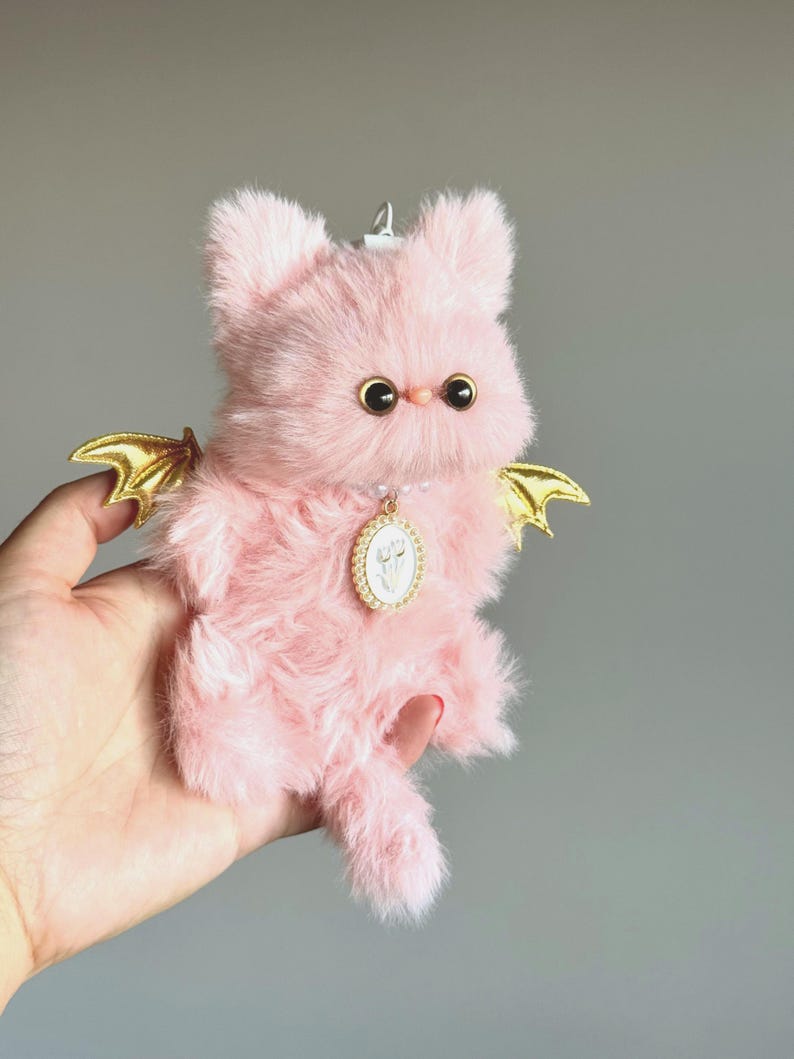 Golden Wing Pink Cat Charm: Poseable Handmade Accessory