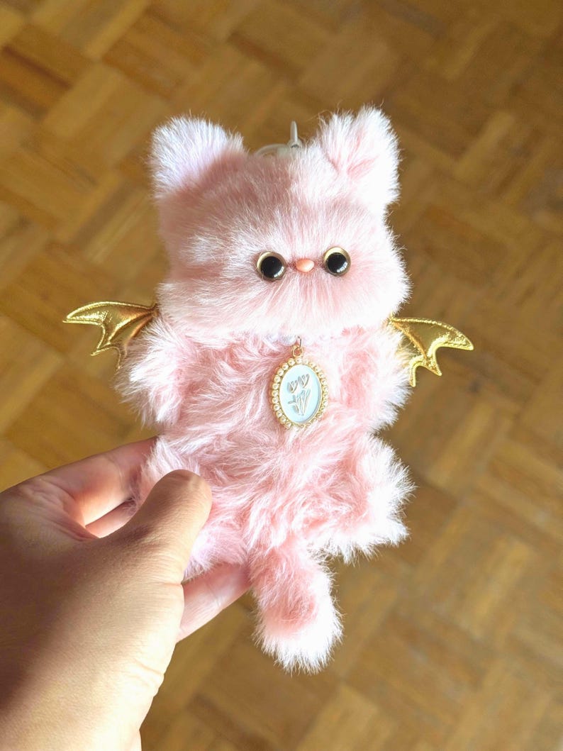 Golden Wing Pink Cat Charm: Poseable Handmade Accessory
